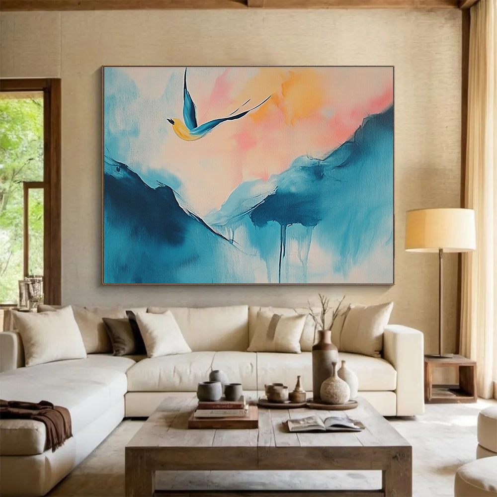 Large abstract painting of a serene island with soft blue pink hues and a joyful yellow bird above, evoking freedom and life's journey.SC554