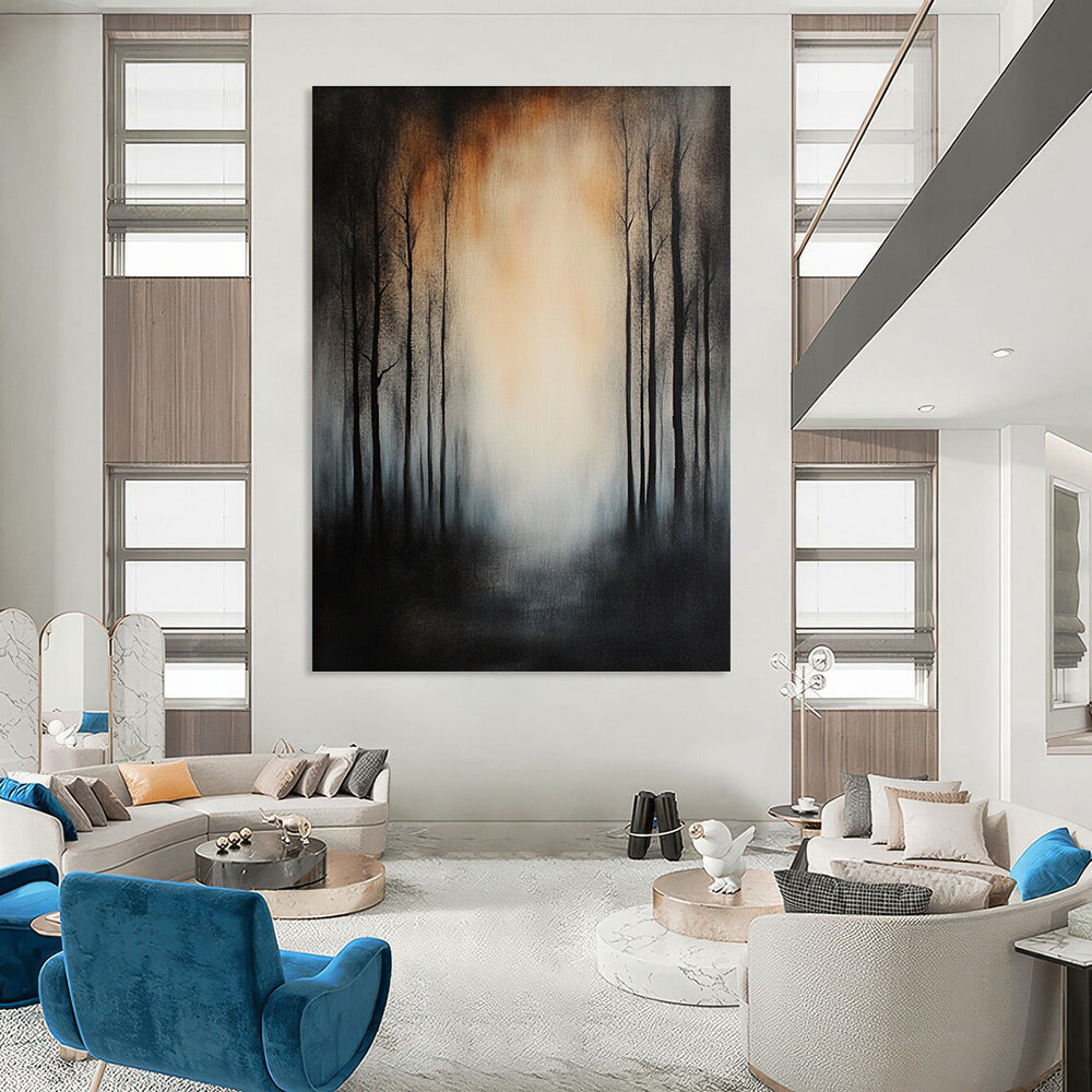 Large abstract painting featuring tall trees in a misty forest with dark gray and black tones and muted colors against a dark background.STSC195