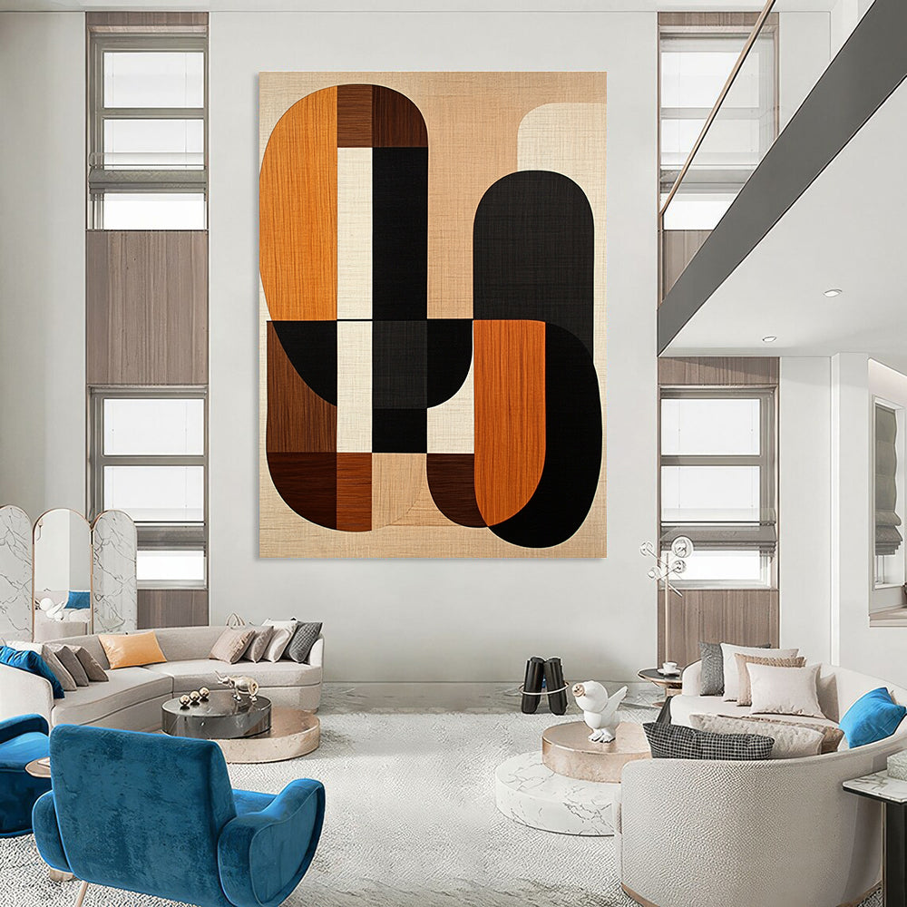 Large abstract artwork featuring mid-century modern shapes in earth tones with wood grain and black lines on a beige background.STSC1319