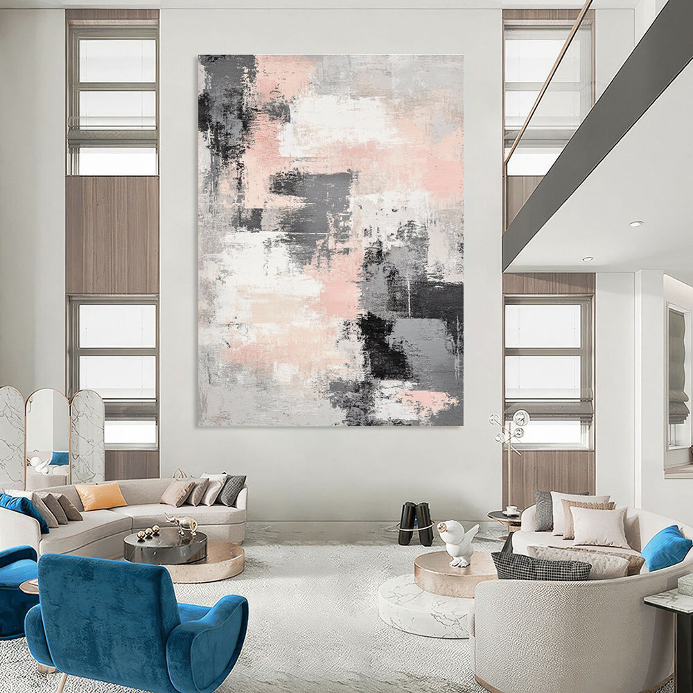 Large abstract art piece featuring soft gray and light pink interwoven textures with airy white spaces for a tranquil and mysterious atmosphere.STSC133
