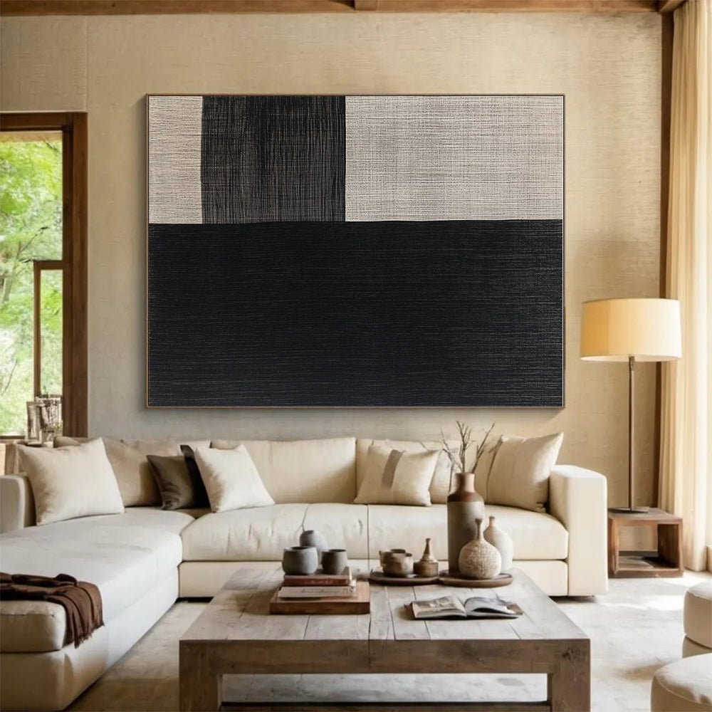 Black and Beige Textured Squares Abstract Painting with Woven - Like Patterns GER015