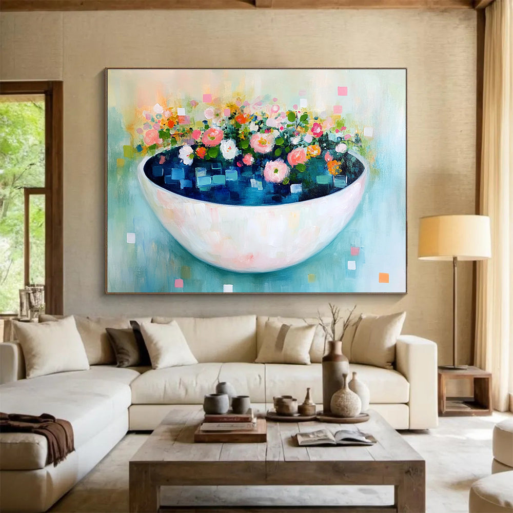 A large abstract painting featuring a bowl of blue water with flowers and leaves, adorned with pastel colors and delicate brush strokes for a whimsical touch.SC343