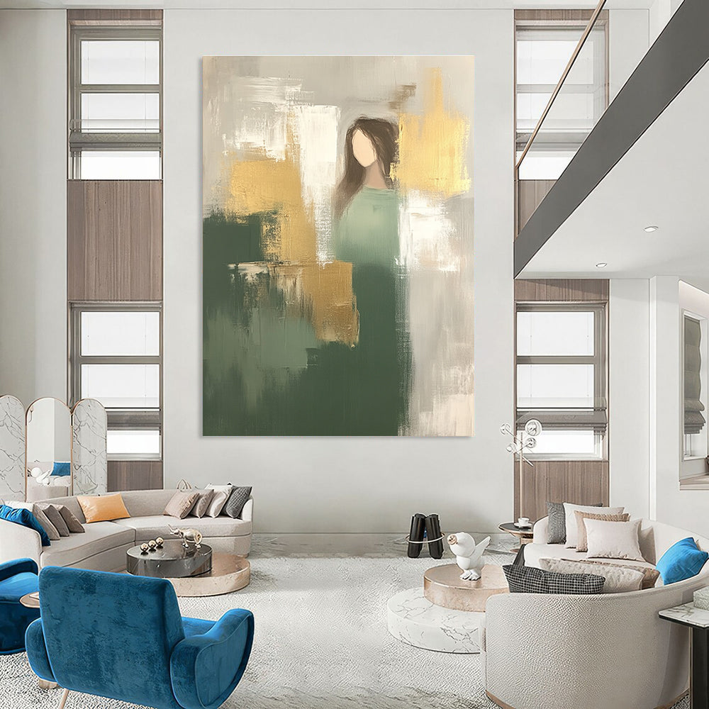 Large abstract painting featuring minimalistic shapes in neutral green and beige with gold accents creating a soft atmospheric beauty.STSC242