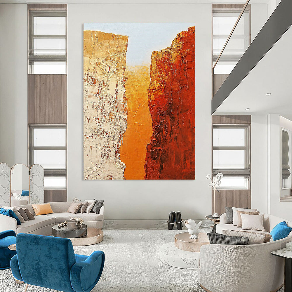 Abstract painting of two textured orange rocks symbolizing the Grand Canyon against a light blue sky in the style of Jean-Michel Basquiat.STSC713