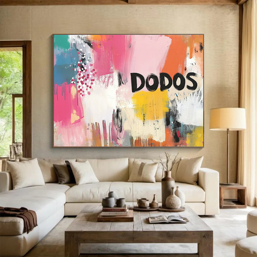 Vibrant abstract painting with bold brushstrokes and dynamic patterns in energetic colors featuring large DODOS lettering creating an urban ambiance.SC456