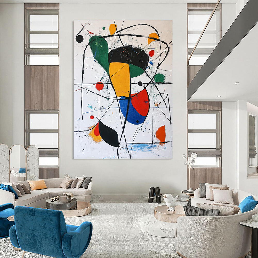 Large abstract painting featuring simple shapes and lines in black red green yellow and white with small colorful dots in a Joan Miro style.STSC377