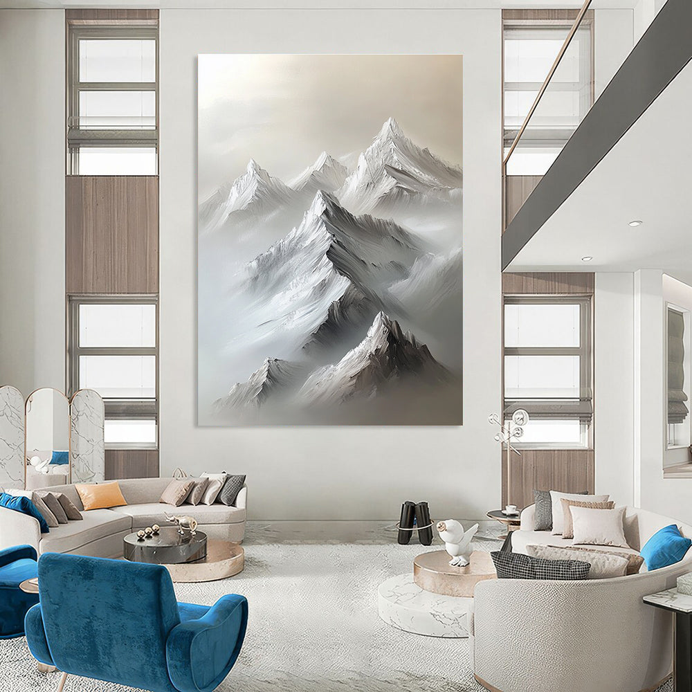 Large abstract painting of a white mountain range with gray snow peaks featuring heavy brush strokes and a minimalist neutral color palette.STSC1254