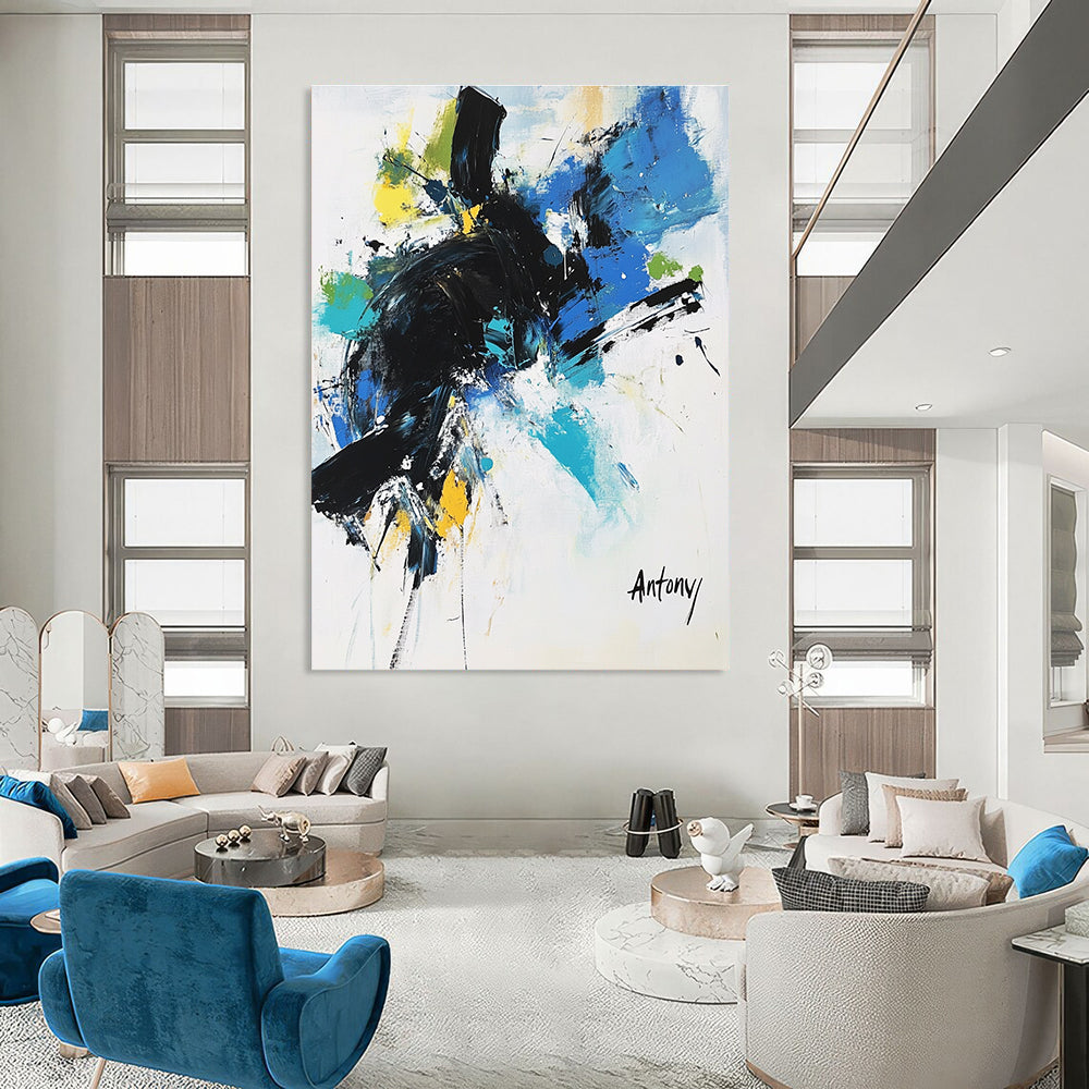 Abstract painting with black brush strokes and blue green yellow accents featuring the name Antony in large letters against a white background.STSC038