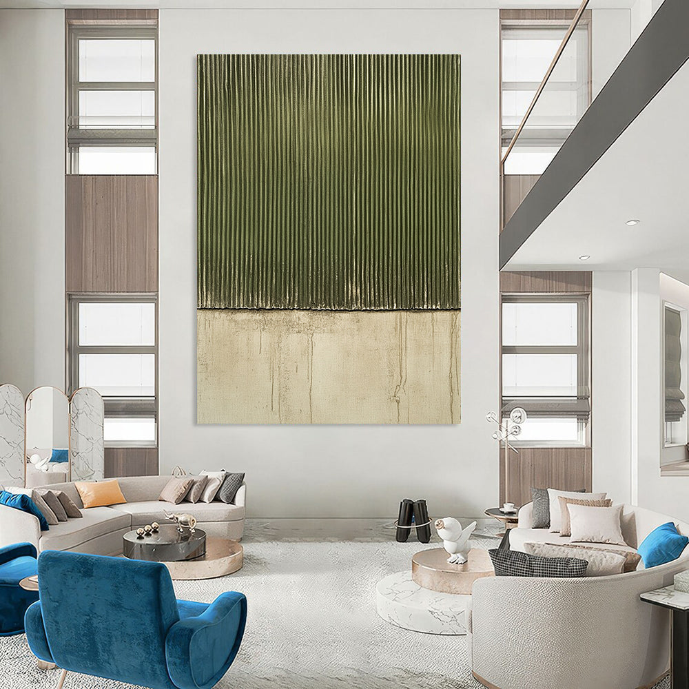 Large abstract painting featuring a textured green corrugated surface on a dark gray background with a grainy oil painting effect.STSC958