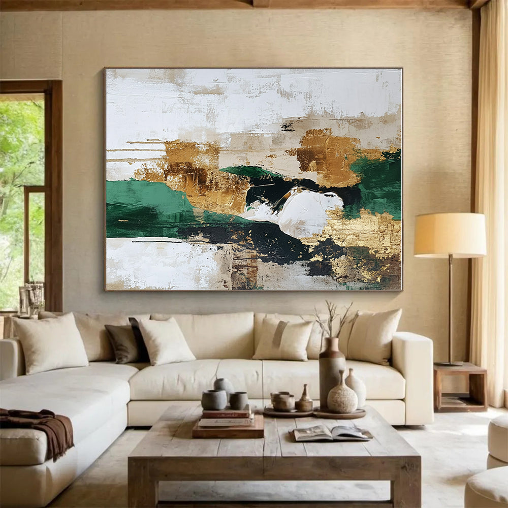 Green Gold Beige Abstract Painting with Opulent Textures GER539