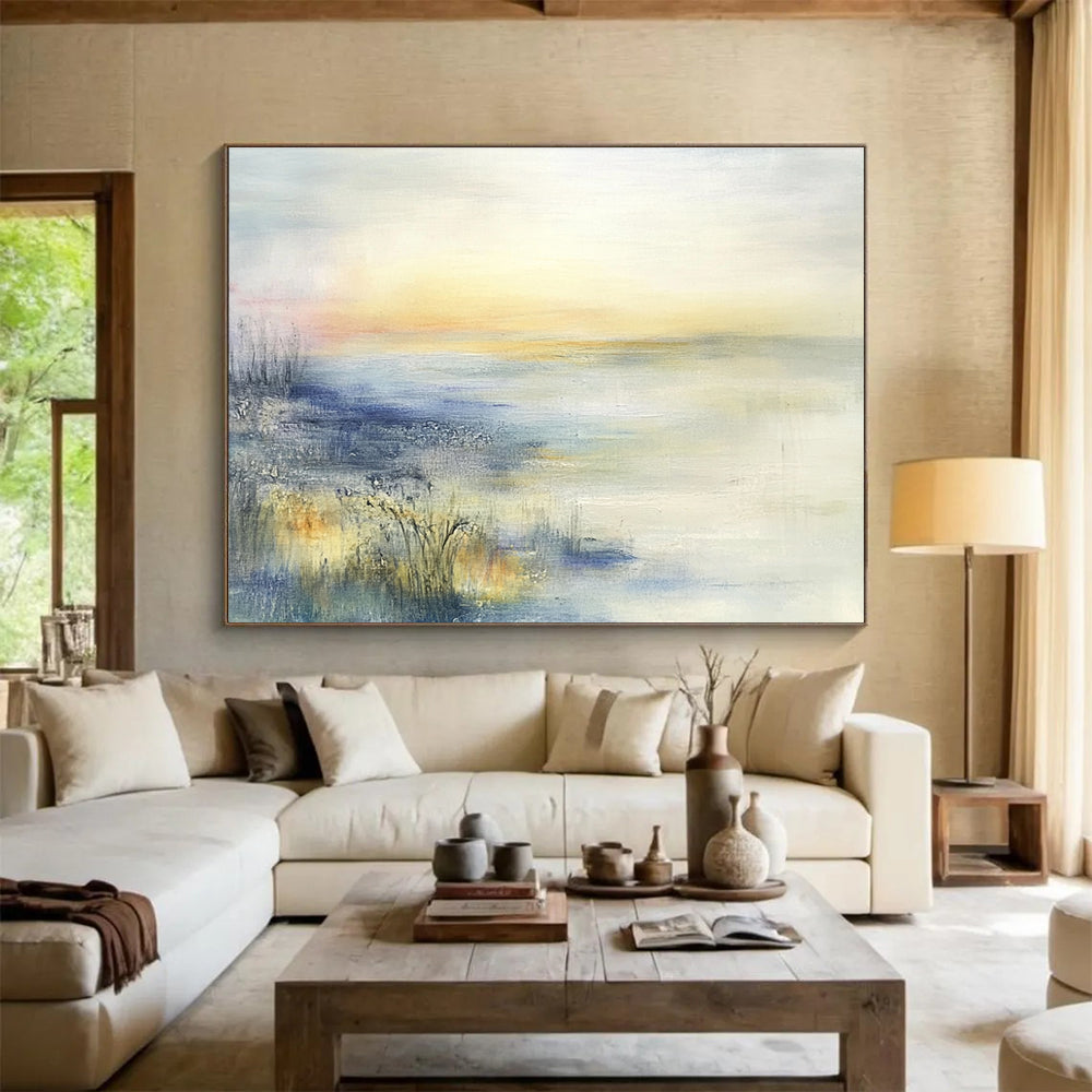Large abstract oil painting featuring a misty coastal landscape in muted pastel colors inspired by Zao Wou-Ki.SC116