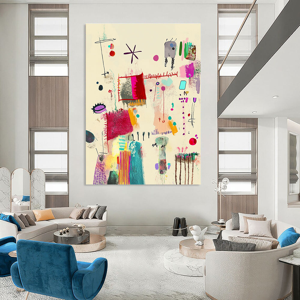Large abstract painting featuring Mingei style with red lines colorful patterns and embroidered details on a light beige background.STSC1323