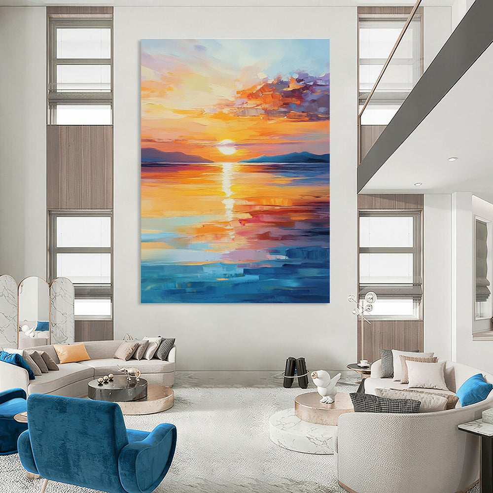 A large abstract painting of a beautiful sunrise over the sea with warm colors and calming reflections, capturing tranquility and hope.STSC900