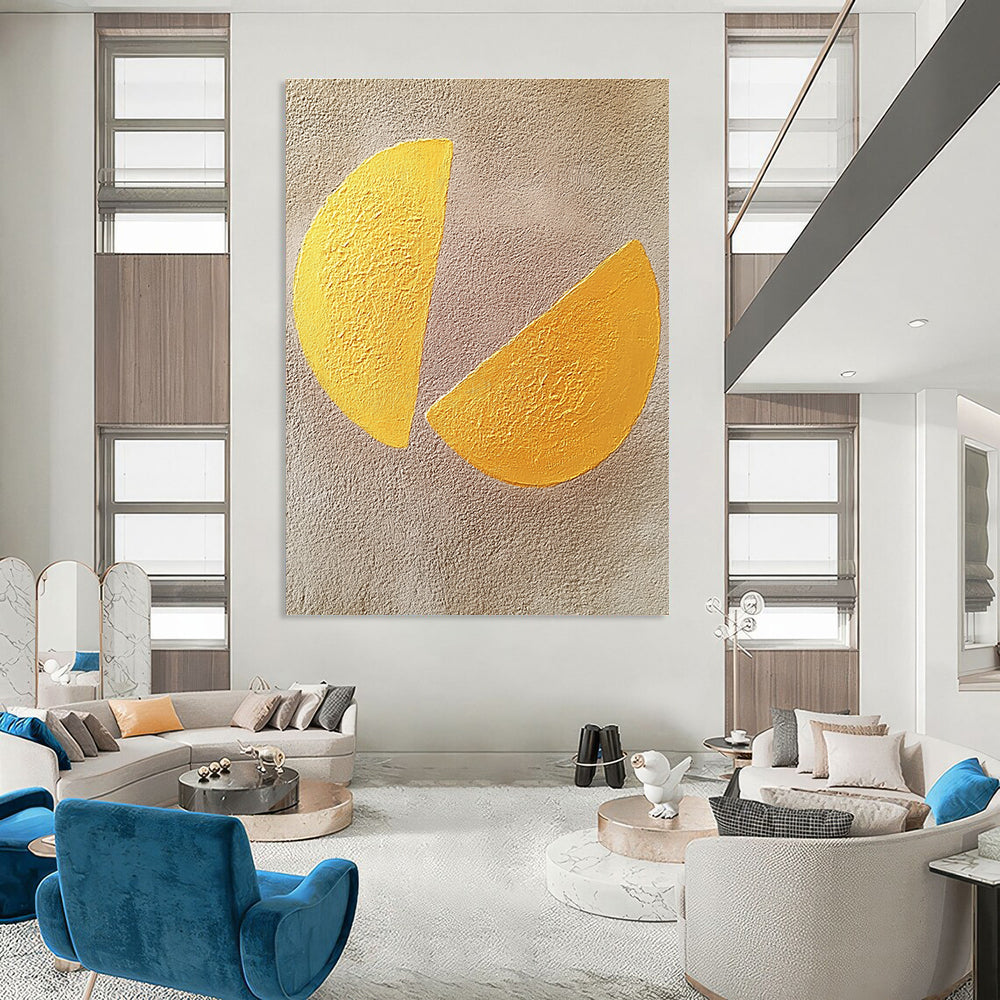 Abstract painting featuring two yellow semi-circular shapes on a textured gray background showcasing minimalist artistry and contemporary appeal.STSC1456
