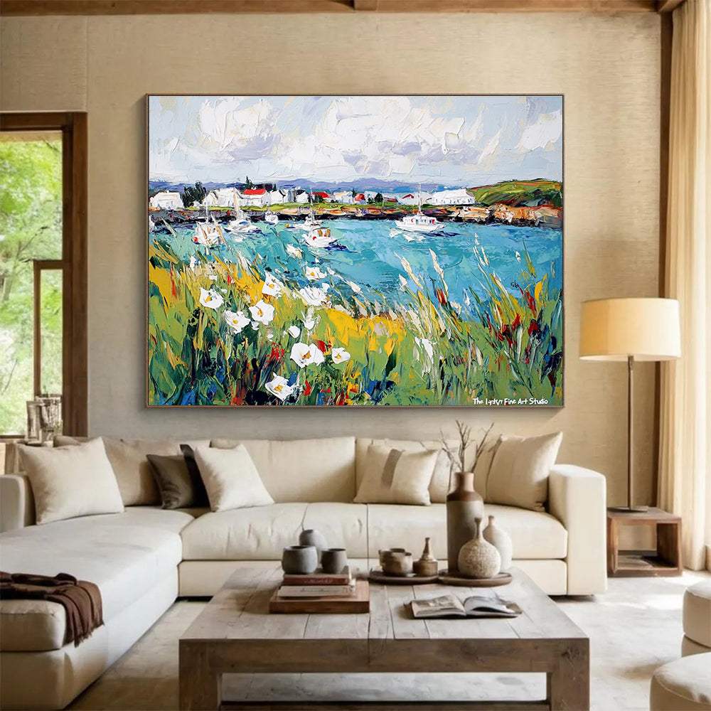 A large abstract painting of Reykjavik's harbor featuring vibrant boats and blooming wildflowers against a lively sky, showcasing nature's harmony with human creation.SC527