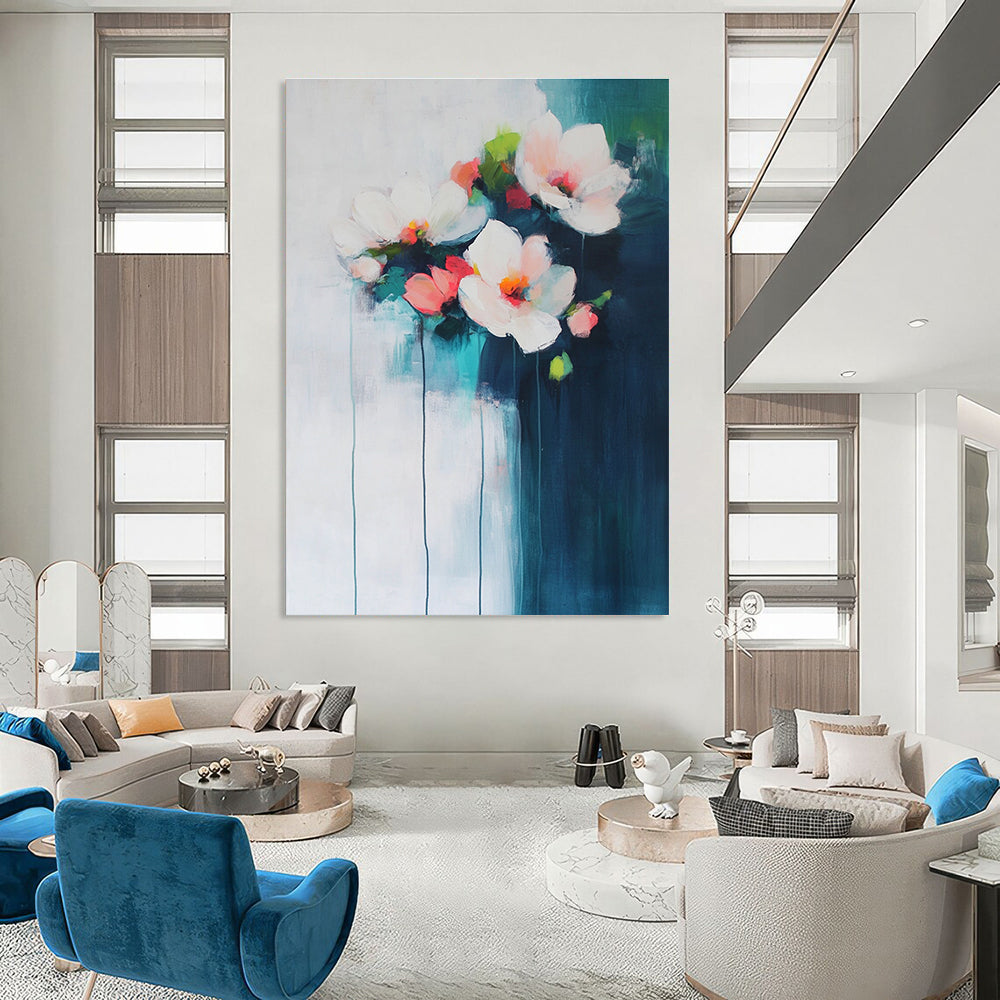 Large abstract painting of flowers in light blue and pink on a white background with dark teal brushstrokes creating an atmospheric effect.STSC679