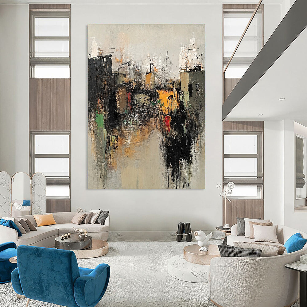 Large abstract painting of an old village with neutral tones dark gray light orange accents evoking nostalgia for vintage rural life.STSC660