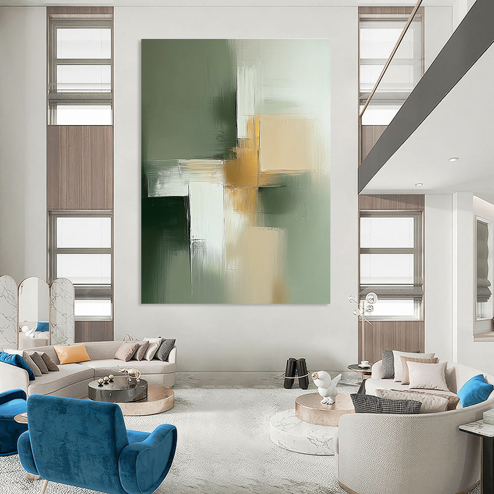 Abstract minimalist painting in sage green and beige with white featuring thick brush strokes and golden details for elegance.STSC566