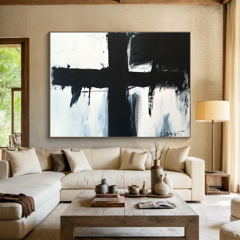 Black and White Cross Abstract Painting with Dripping and Bold Lines DYP179