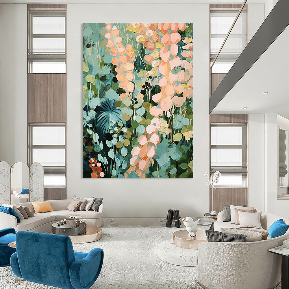 Dreamy Floral Abstract Painting with Light Blue and Peach Tones ADGE428
