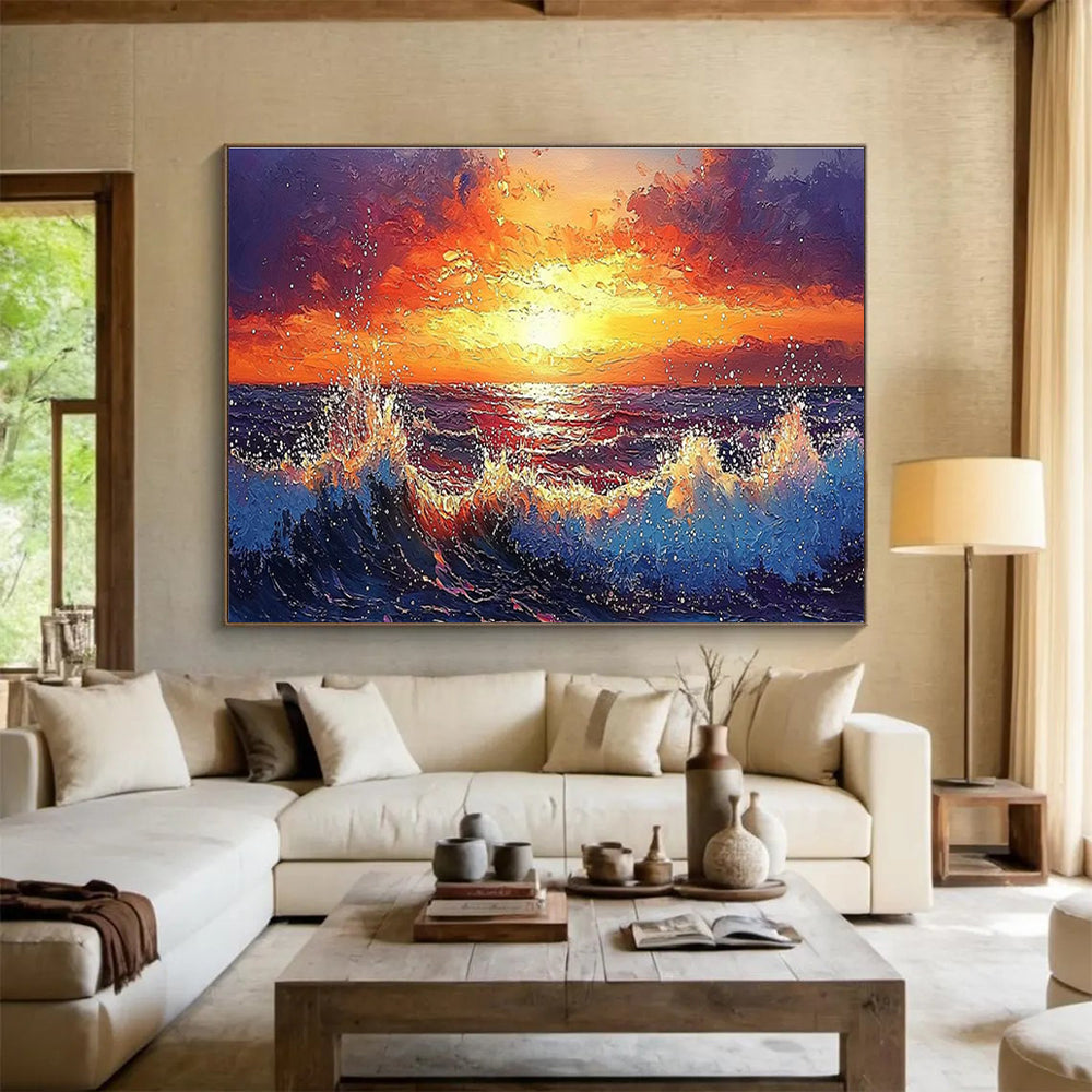Sunset Sea Abstract Painting with Orange, Red, and Blue Tones THY165