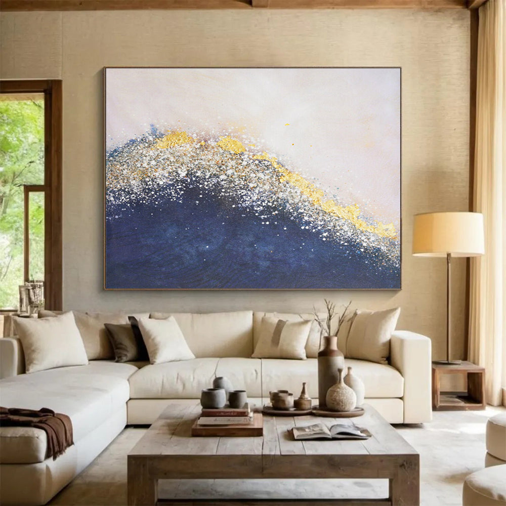 Glittering Wave Abstract Painting with Gold and Navy Hues THY270