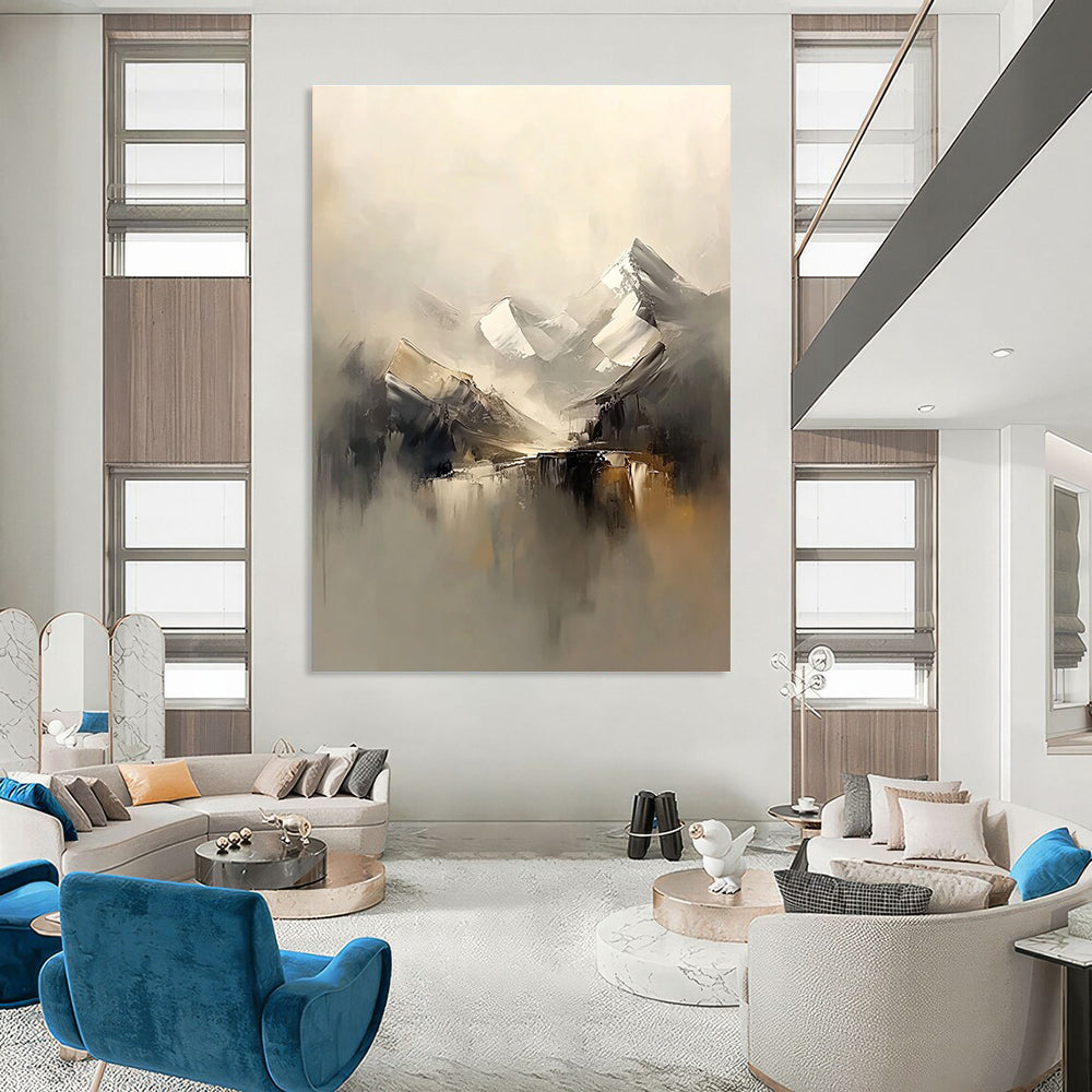 Abstract painting of snowy mountains in a foggy beige and grey palette featuring soft brush strokes for a serene atmosphere.STSC699