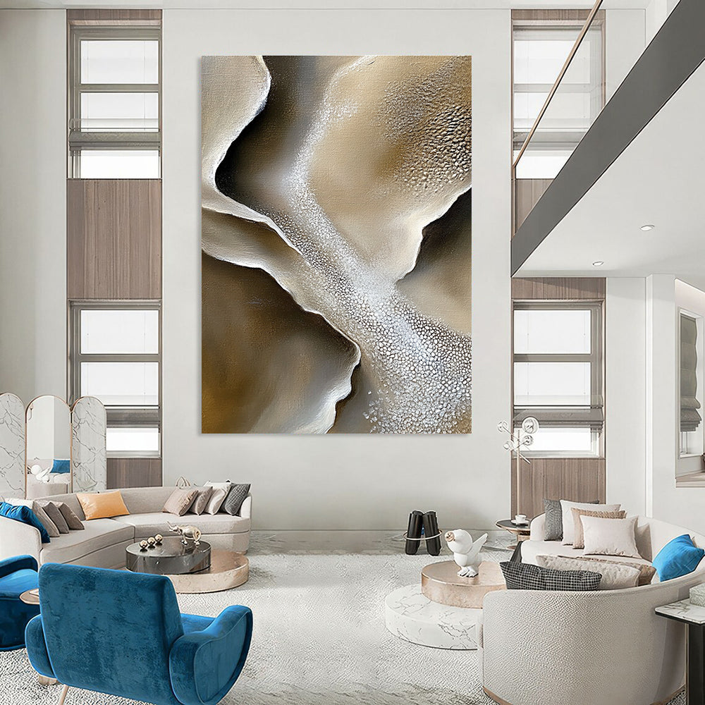Large abstract painting capturing gray sand dunes and white salt crystals with intricate rock textures and soft lighting in a mysterious natural landscape.STSC530