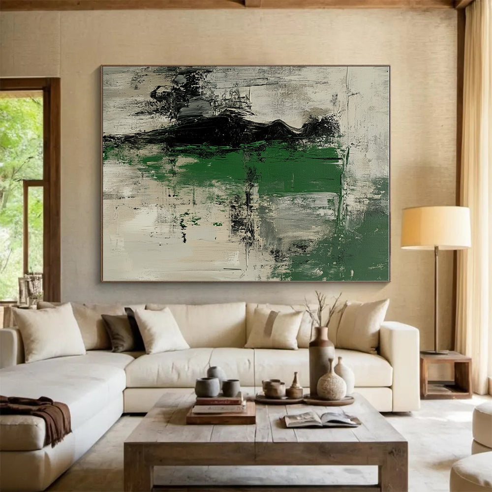 Black Green and Gray Abstract Painting with Enigmatic Forms GER526