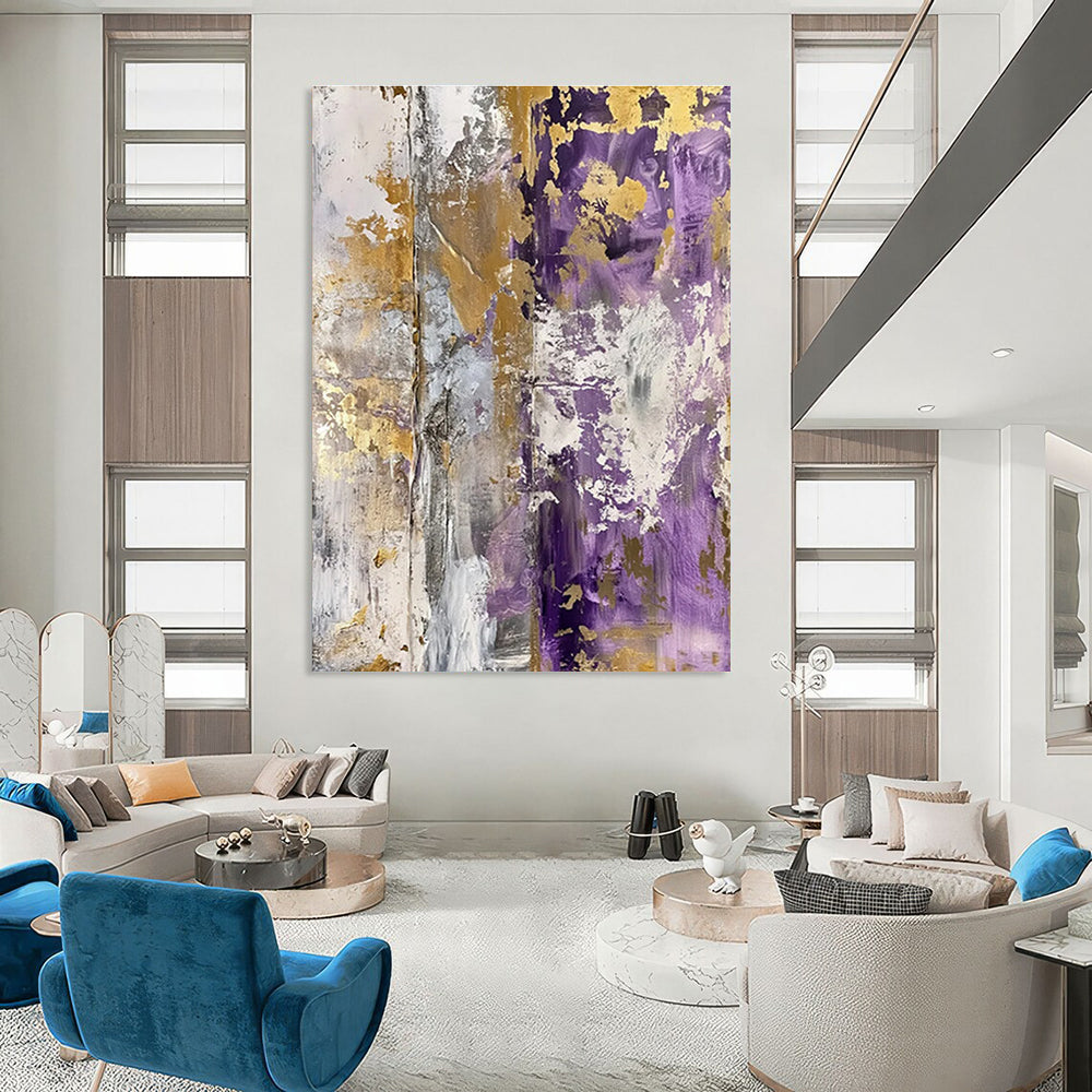 Purple and Gold Textured Abstract Painting with Gray Accents ADGE134