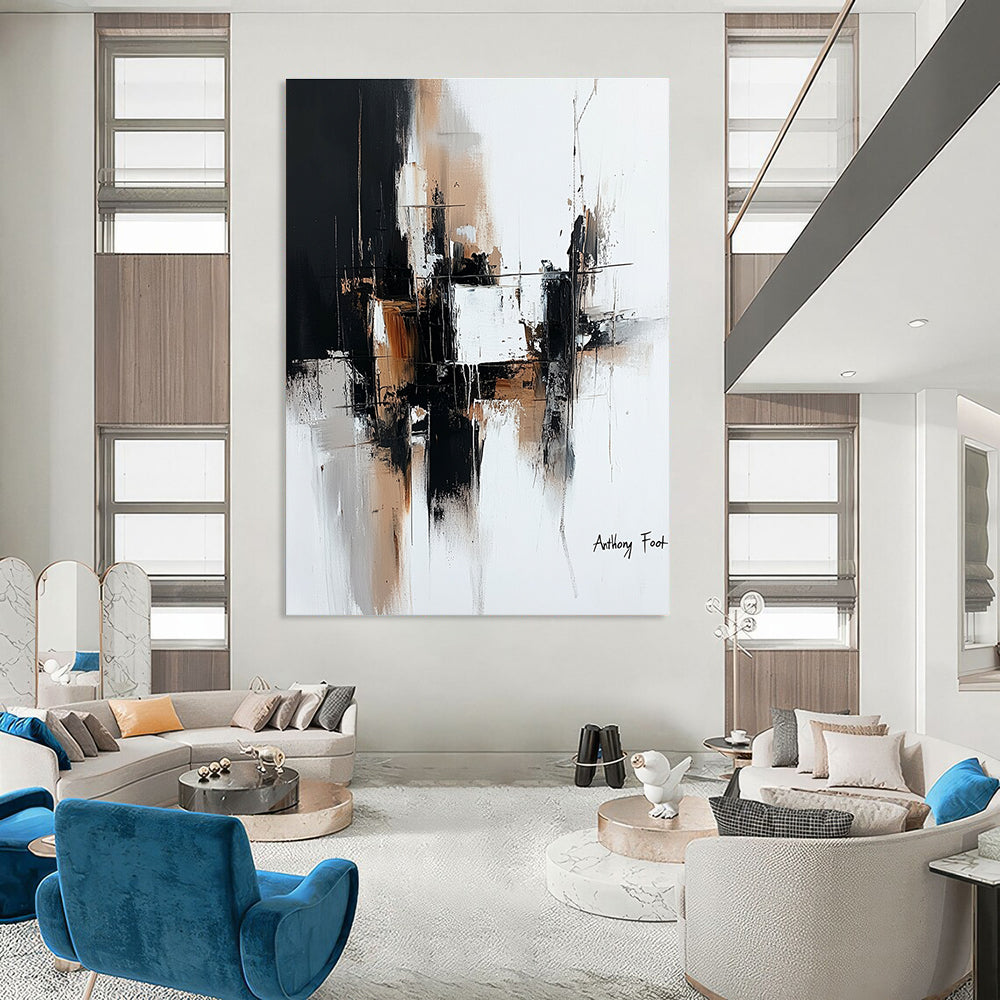 Large abstract painting with architectural lines in black and brown on white background by Anthony Foot featuring atmospheric brushstrokes and deconstructed minimalism.STSC1356
