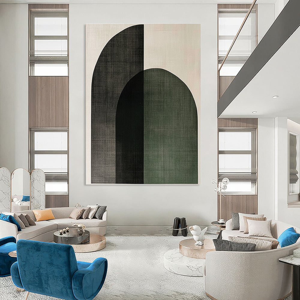 Large Abstract Artwork Featuring Sage Green and Charcoal Gray Arches on Light Beige Canvas Reflecting Scandinavian Minimalism.STSC1074
