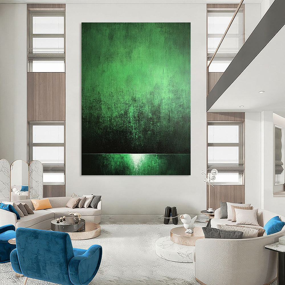 Abstract painting with a green background, soft light, high contrast, and eerie shadows creating a mysterious and textured atmosphere.STSC1007
