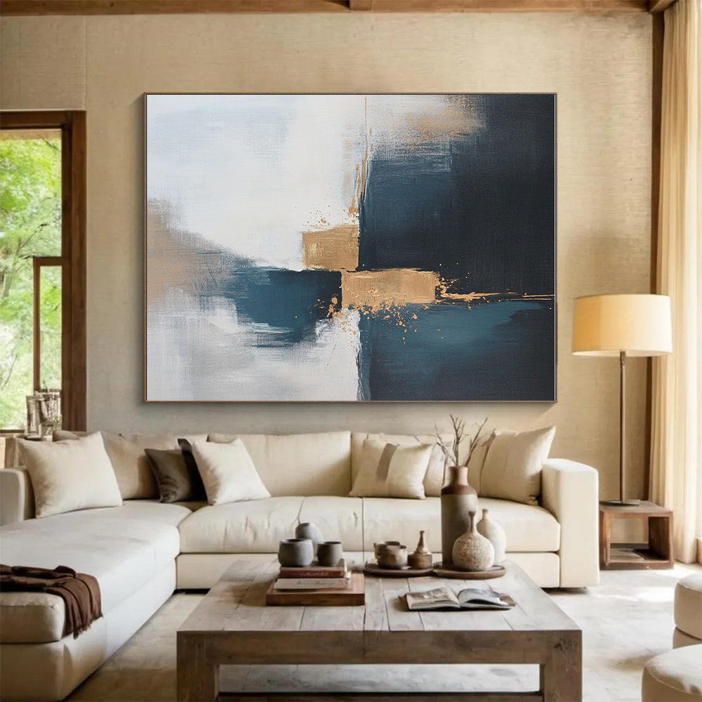 Blue and Gold Abstract Painting with Subtle Splashes GER554