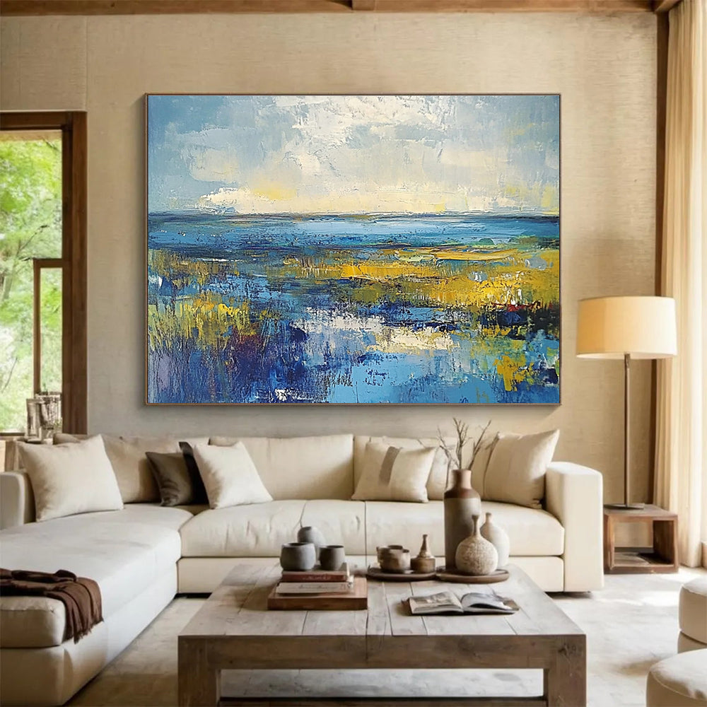 Vibrant Marshland Abstract Painting with Blues and Yellows DYP232