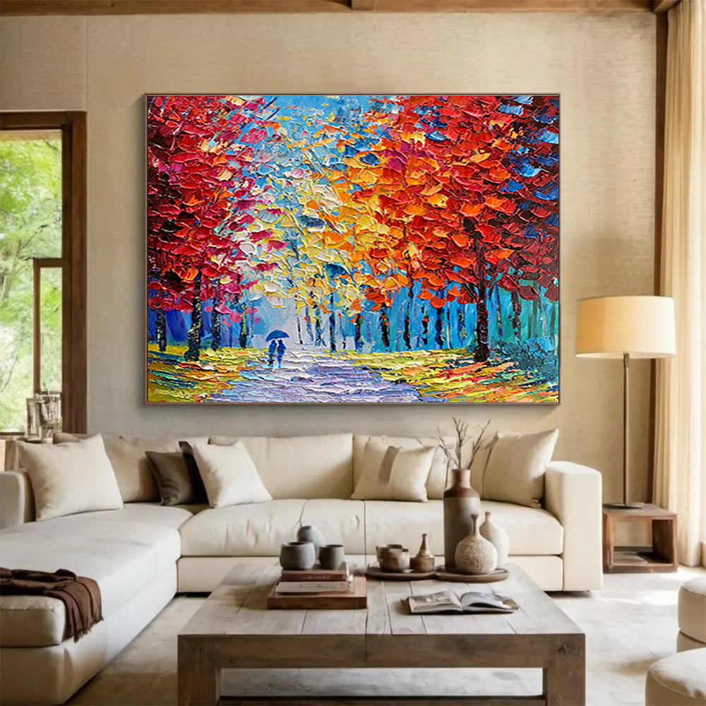Autumn Path Abstract Painting with Red, Yellow, and Blue Tones THY200