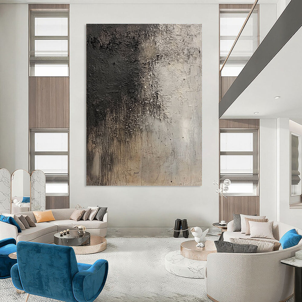 Large abstract painting resembling an ancient cave wall in grey and dark brown with intricate texture and floating dust particles.STSC632