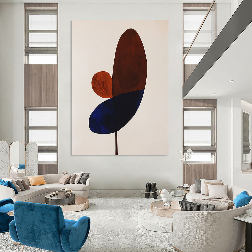 Large abstract painting featuring simple brown and blue petals on a white background perfect for modern decor.STSC1059