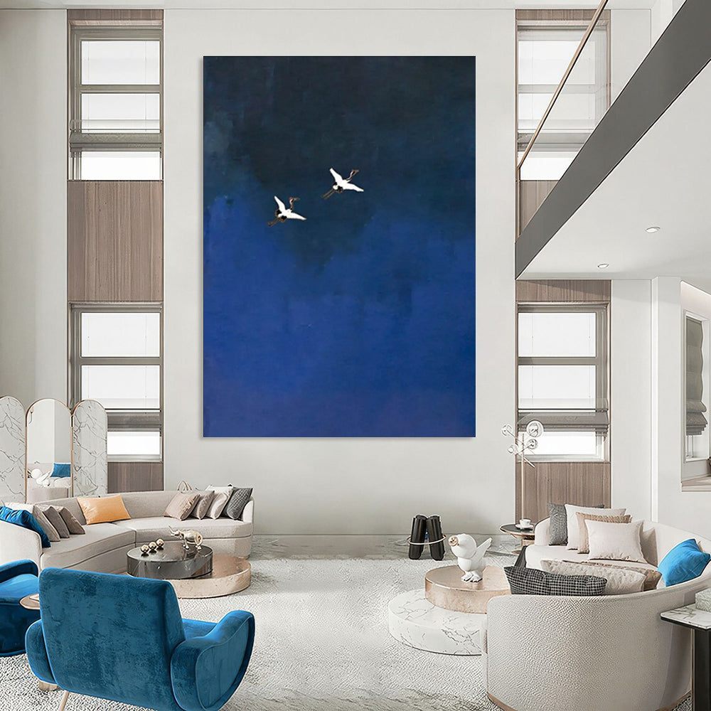 Cranes in Blue Sky Abstract Painting with Minimalist Charm ADGE481