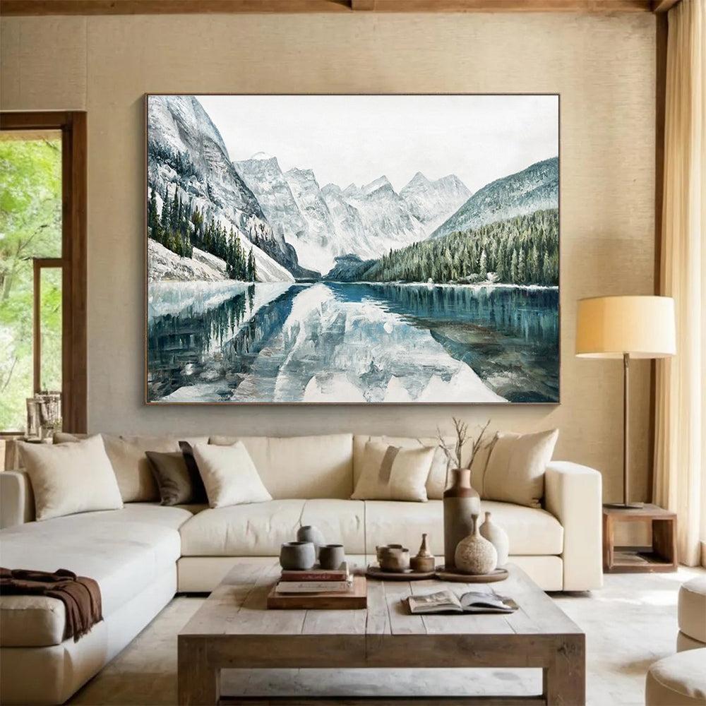 Snowy Mountain Lake Abstract Painting with Blue, White, and Green Tones THY221