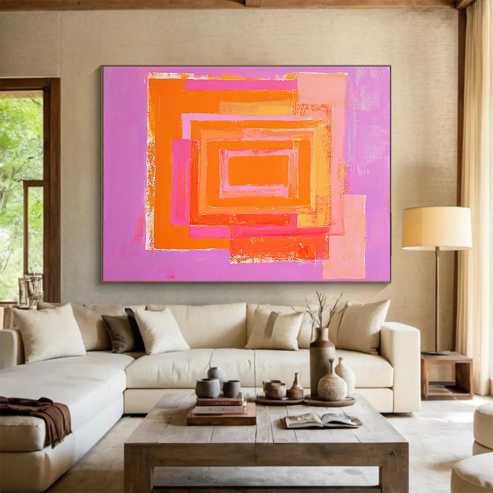 A large abstract painting featuring a pink and orange pastel maze with bold shapes and ample negative space.SC539