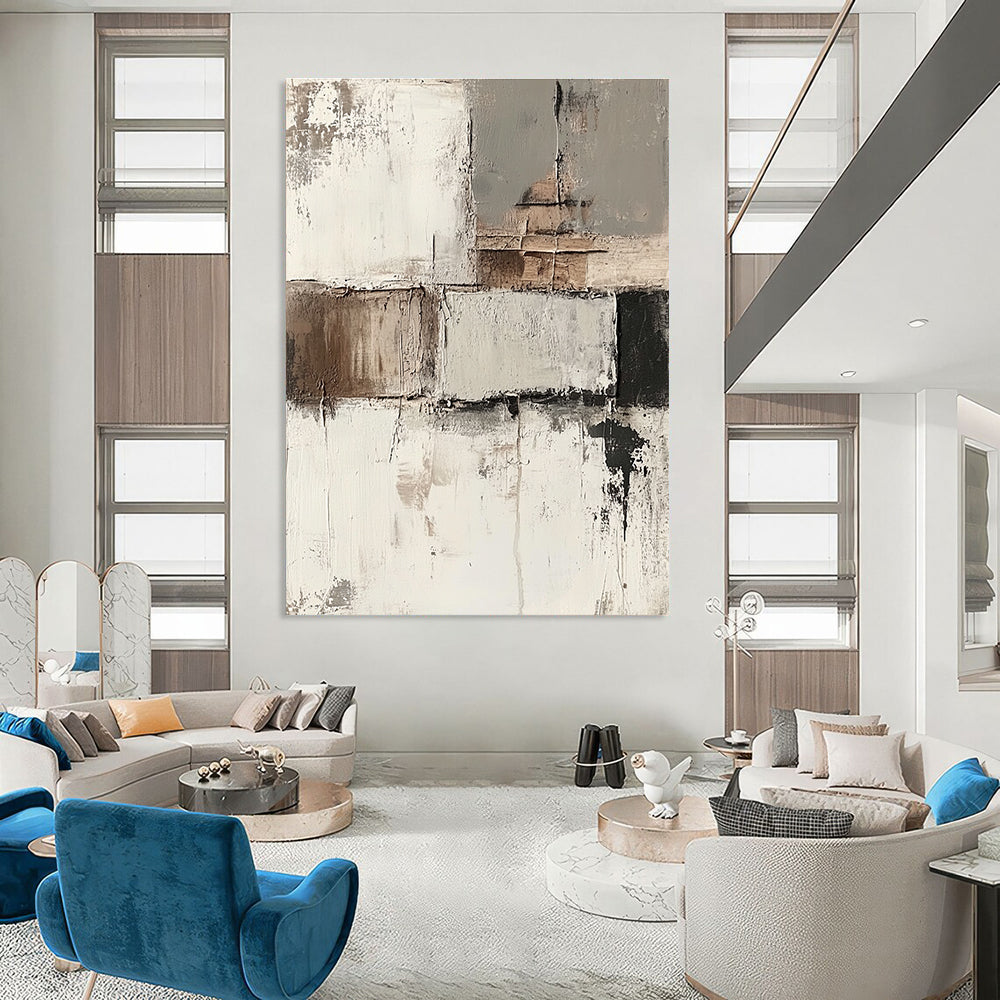 Abstract painting featuring impasto techniques with muted neutral tones and faded architectural elements on a soft grunge background.STSC424