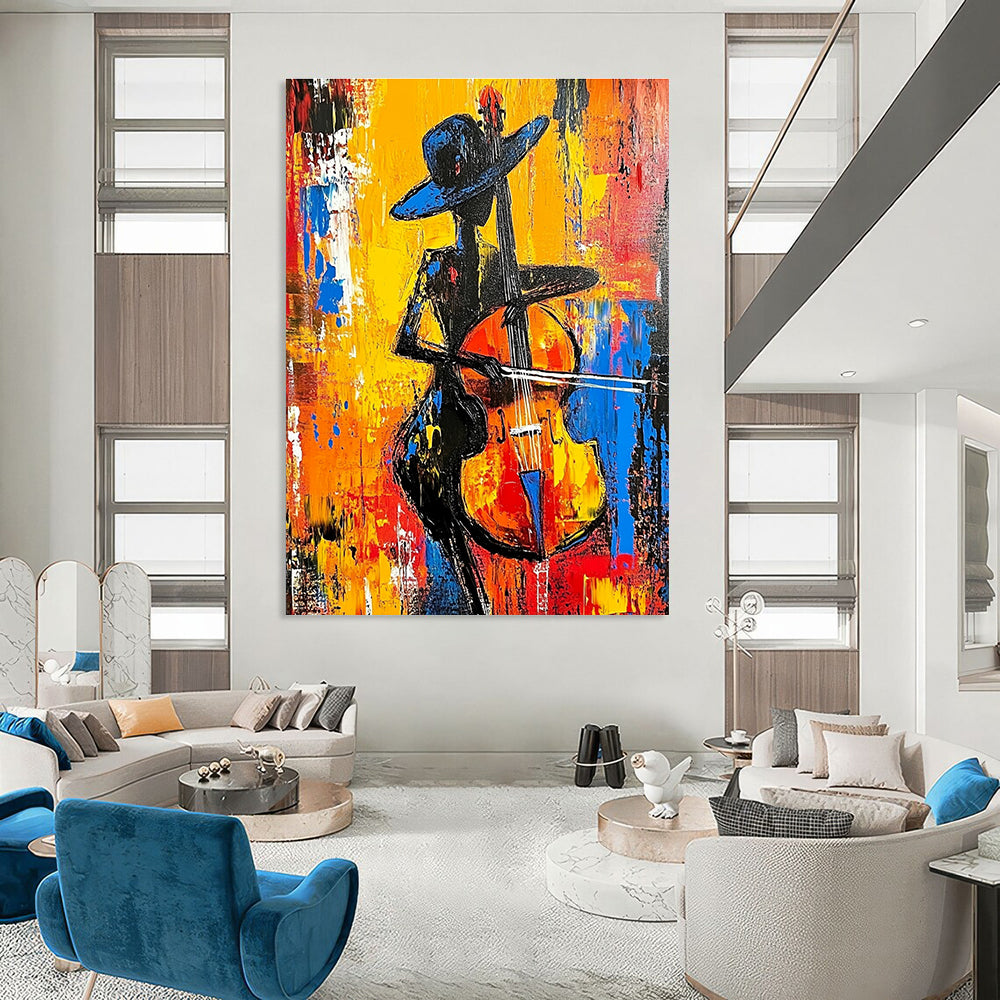 Large Abstract Painting Featuring A Woman In Black With A Hat Playing Cello In Vibrant Red Yellow Blue And Orange Tones Inspired By Anna Bocek.STSC1261