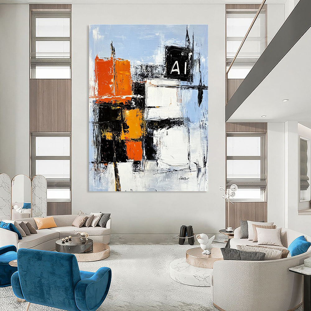 Large abstract painting featuring bold black white and orange building shapes on light blue canvas with dynamic brush strokes and textured layers.STSC742