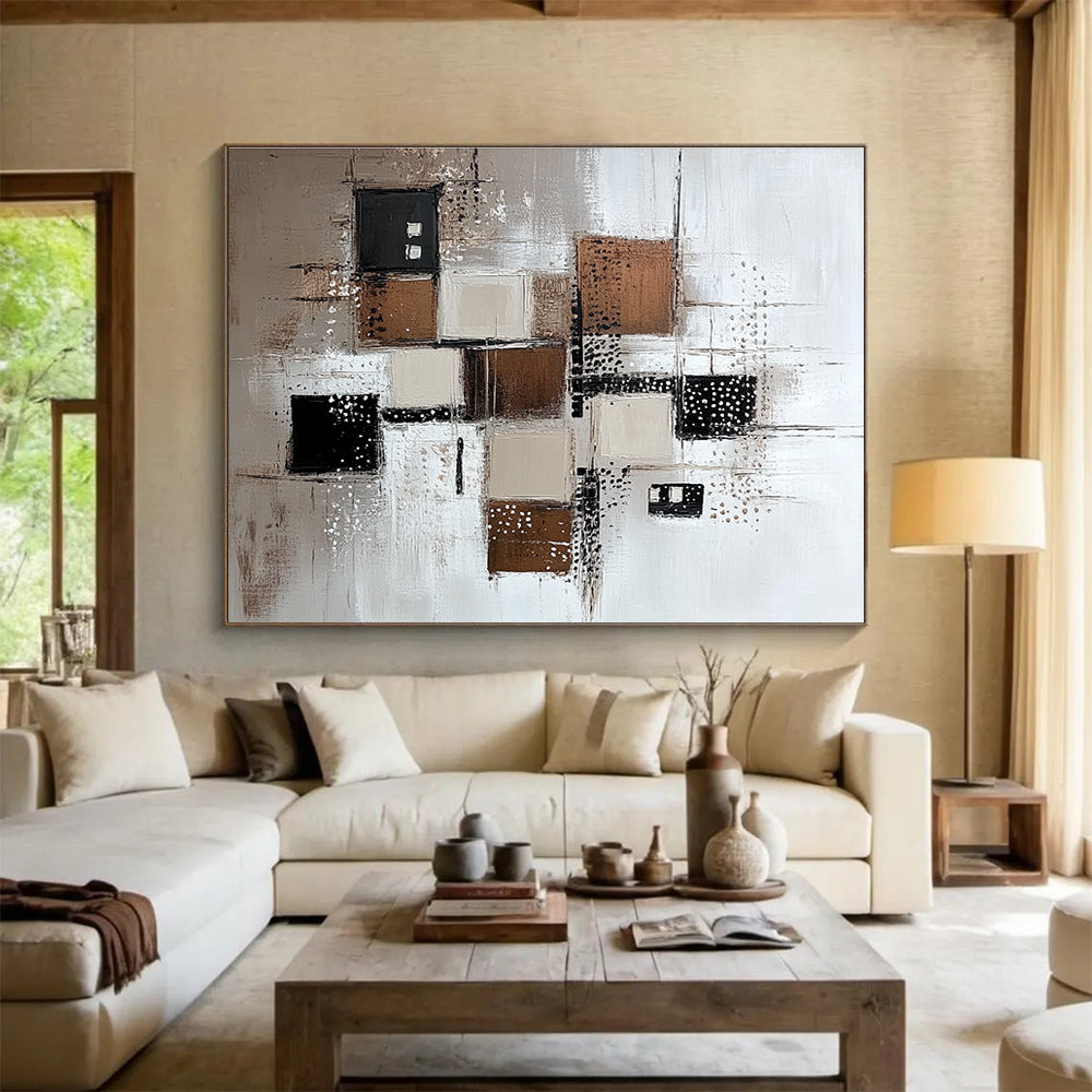 Large abstract painting featuring a white background with various brown and grey squares and neutral-toned lines and dots.SC213