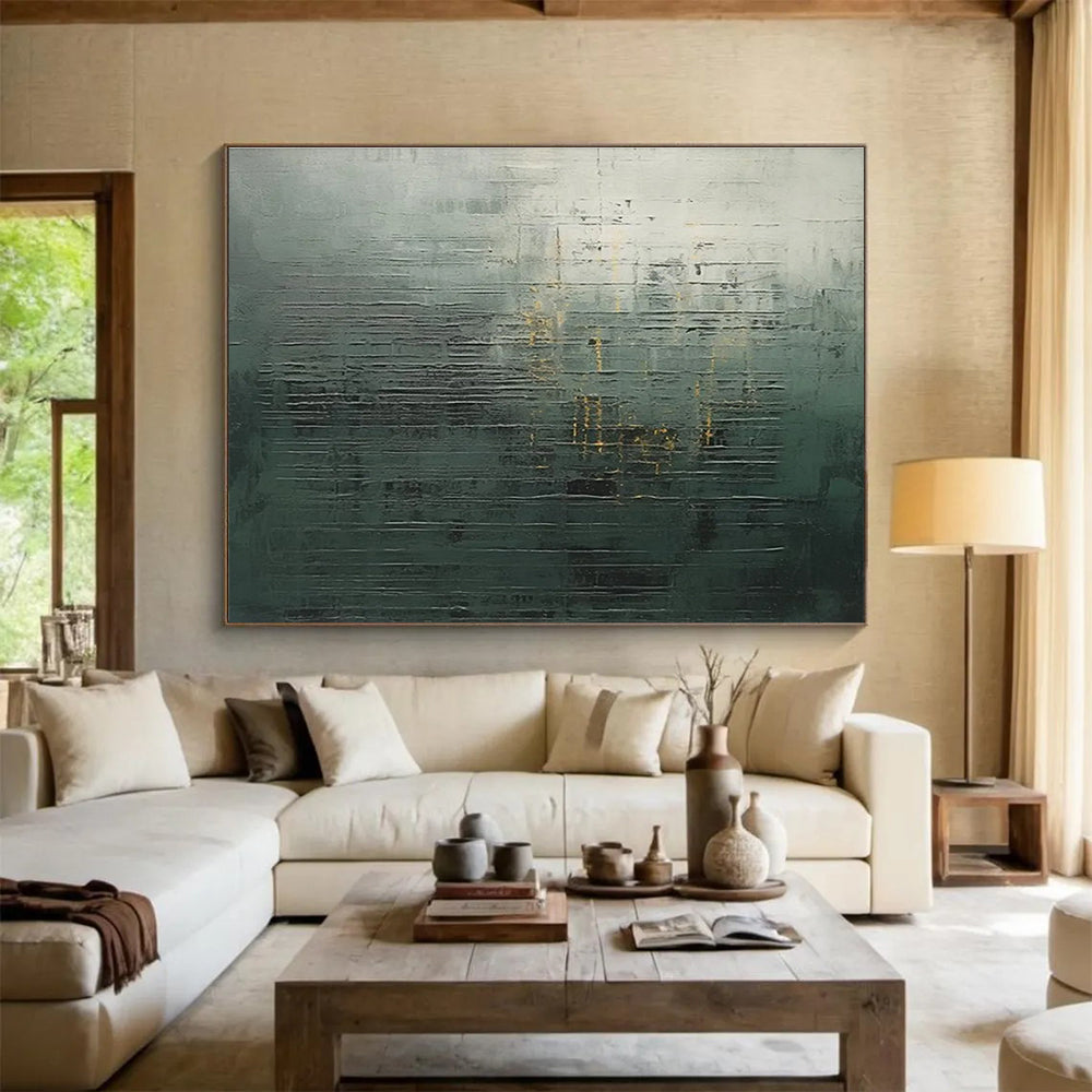 Green Gold Abstract Painting with Textured Layers THY323