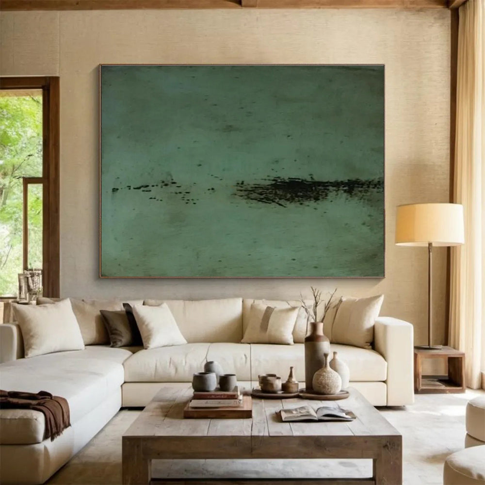 Green Textured Abstract Painting with Minimalist, Organic Feel THY395