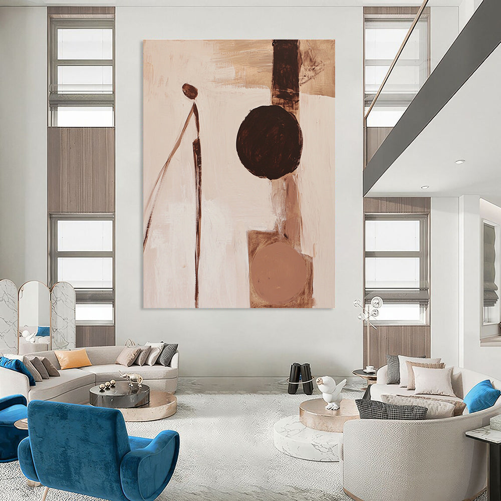 Abstract painting featuring fluid organic forms in brown and white with a minimalistic human figure and beige palette on a neutral background.STSC695
