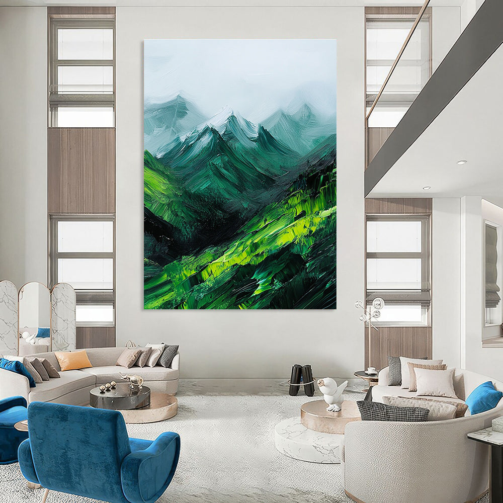 Large abstract oil painting featuring green mountains enveloped in fog with expressive impasto brush strokes.STSC592