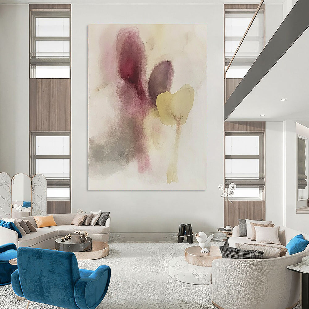 Large abstract painting featuring muted colors soft shapes resembling eggplant and flowers with subtle hints of faces in watercolor.STSC503